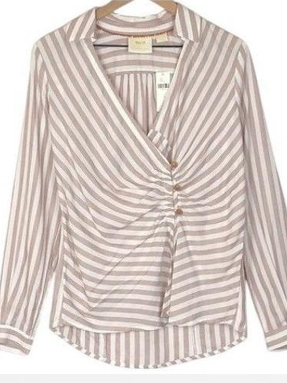 Maeve Cream and White Striped Button-Front Wrap Blouse - Picture 2 of 6